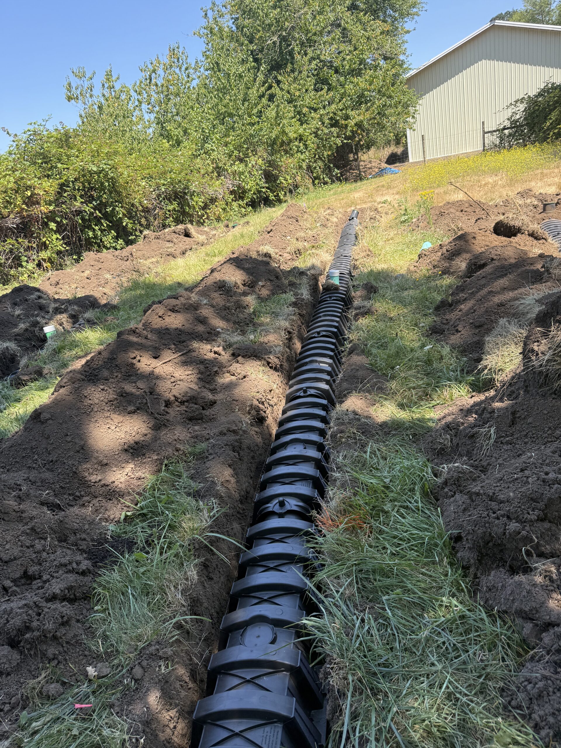 A black plastic drainage pipe is installed in a trench within a grassy yard, with dirt piled along the sides and a building visible in the background.
